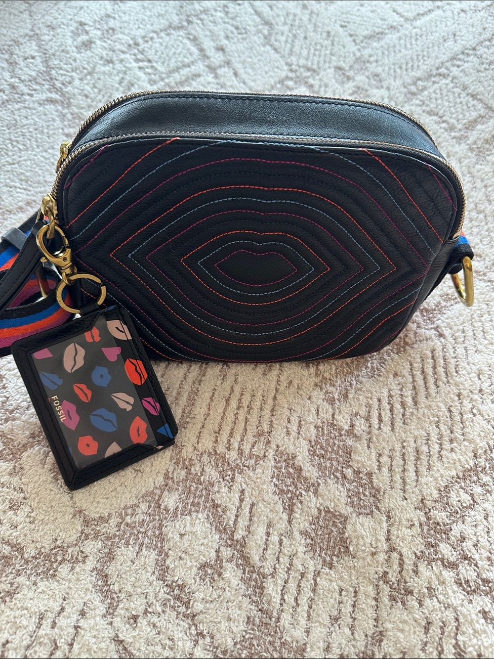 Fossil Rainbow Stitch Leather Crossbody Bag + Lips Card Holder Keychain set